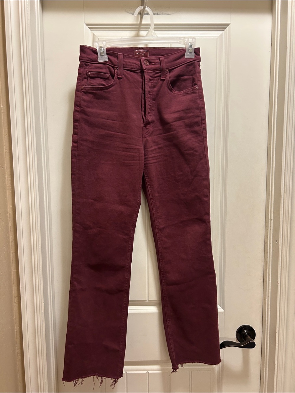MOTHER Straight-Leg Jeans in Burgundy frayed hem